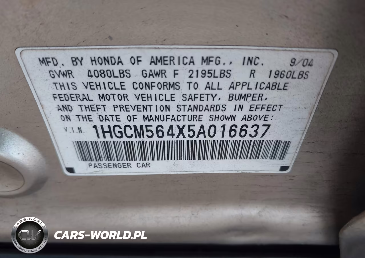 2005 Honda Accord 2.4 Lx VIN:1HGCM564X5A016637 - 9