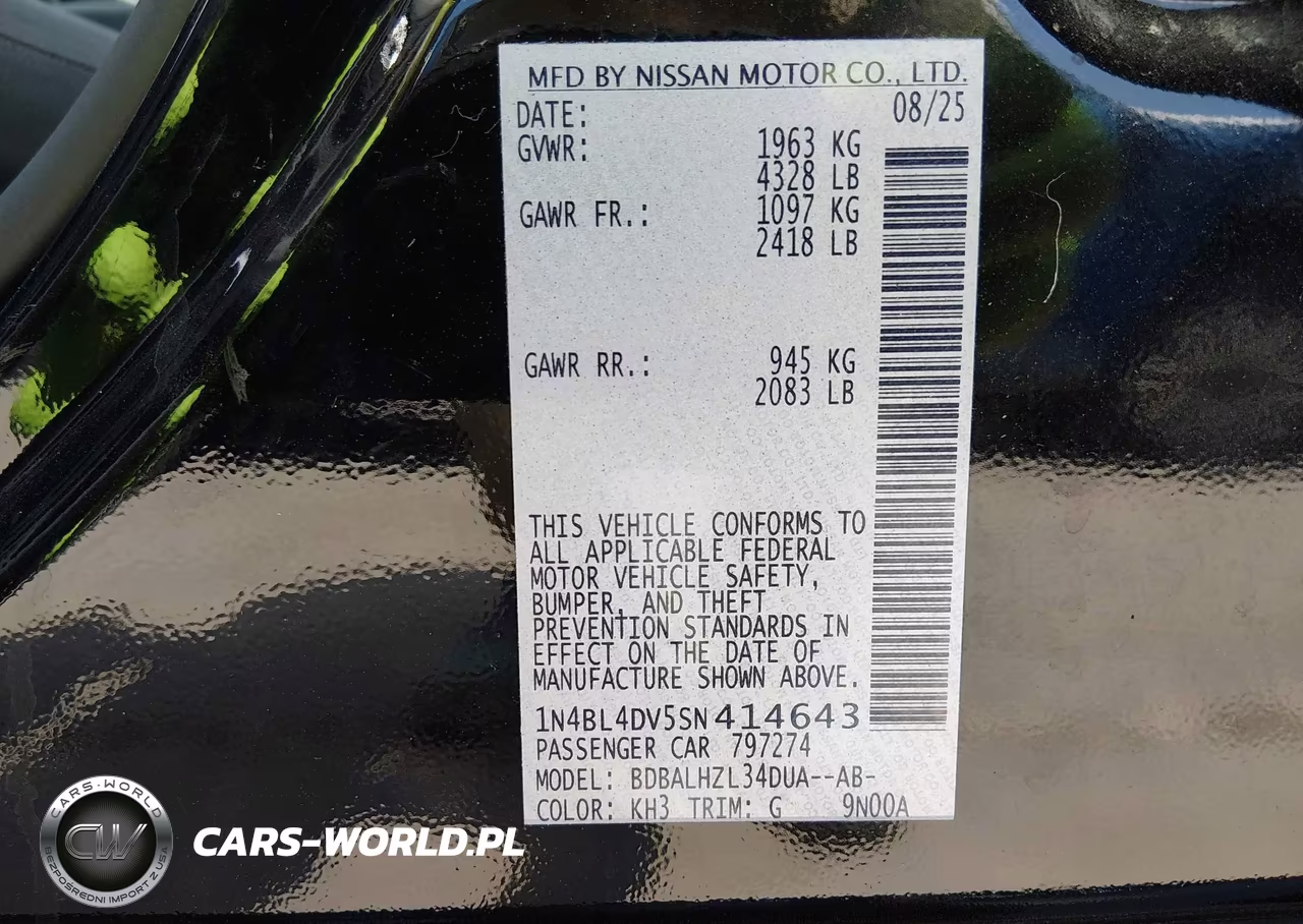 2025 Nissan Altima Sv Fwd VIN:1N4BL4DV5SN414643 - 9