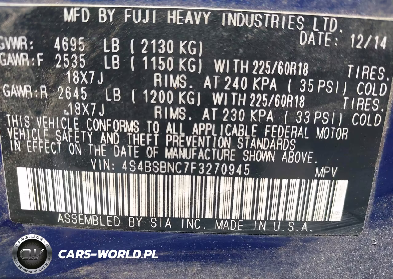 2015 Subaru Outback 2.5I Limited VIN:4S4BSBNC7F3270945 - 9