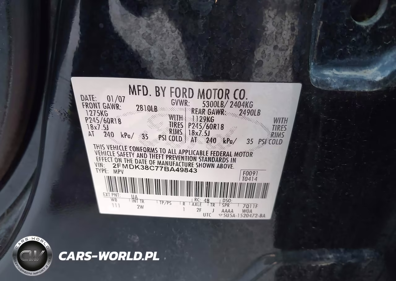 2007 Ford Edge Sel VIN:2FMDK38C77BA49843 - 9