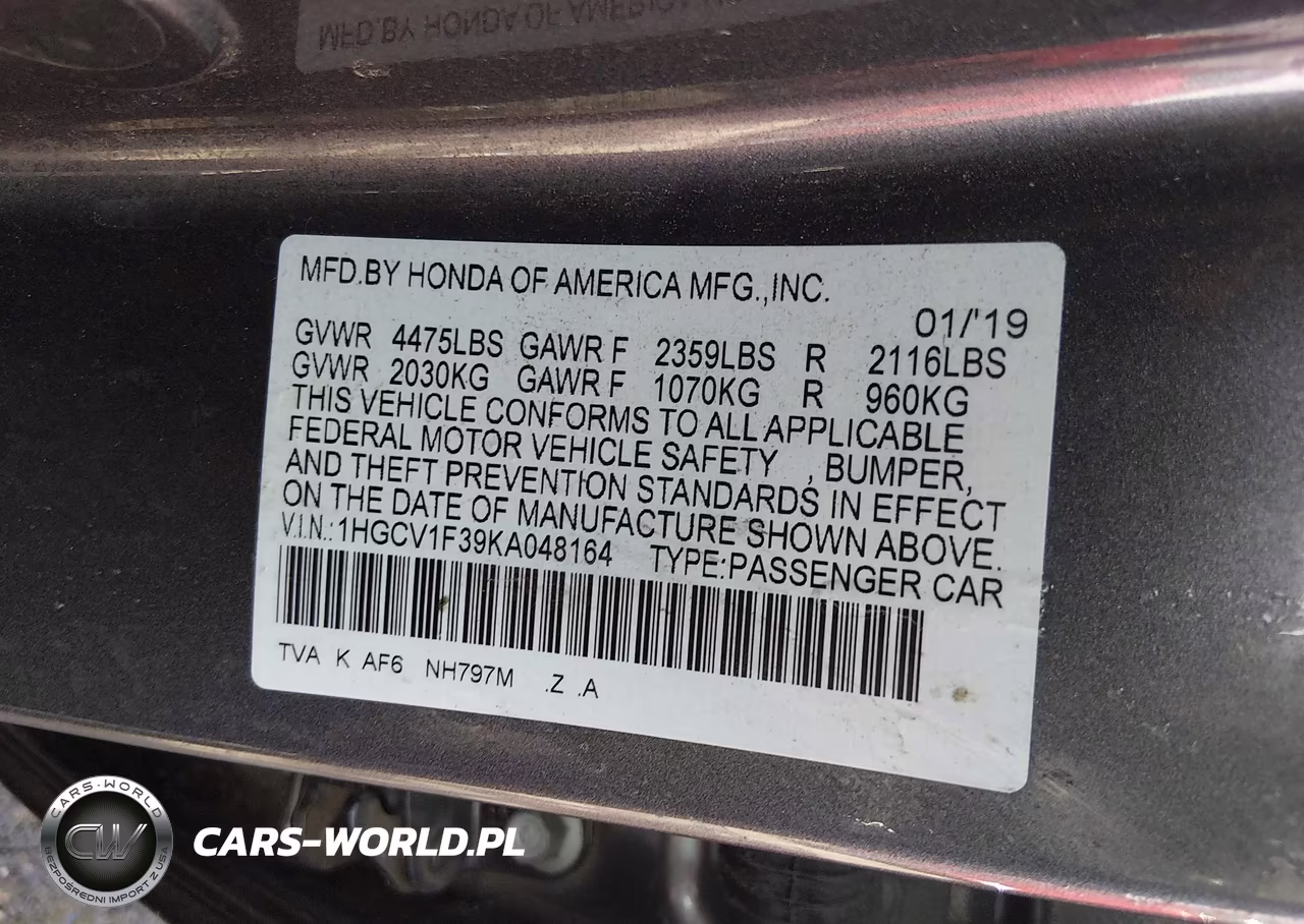 2019 Honda Accord Sport VIN:1HGCV1F39KA048164 - 9