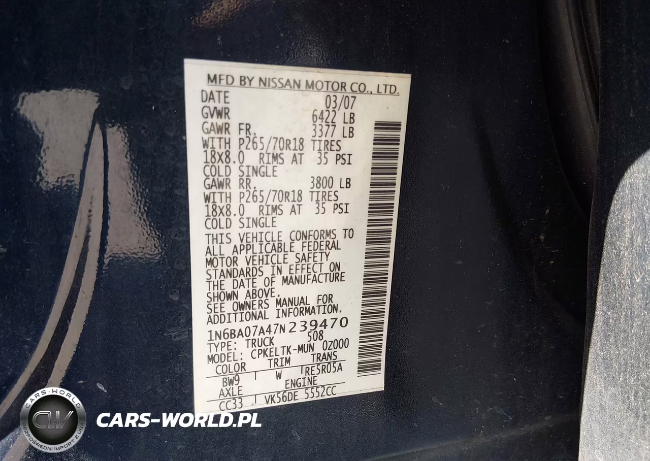 2007 Nissan Titan Se VIN:1N6BA07A47N239470 - 9