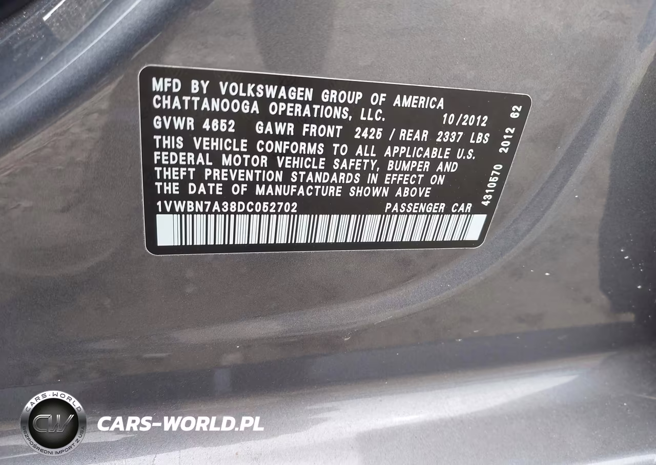 2013 Volkswagen Passat 2.0L Tdi Se VIN:1VWBN7A38DC052702 - 9
