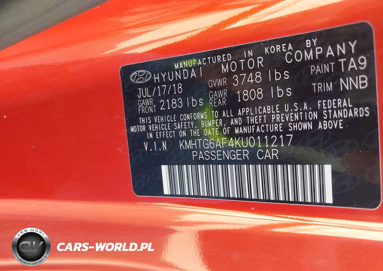 2019 Hyundai Veloster 2.0 VIN:KMHTG6AF4KU011217 - 9