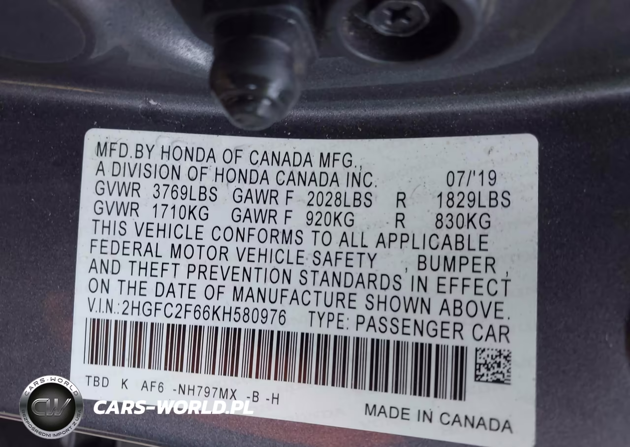 2019 Honda Civic Lx VIN:2HGFC2F66KH580976 - 9