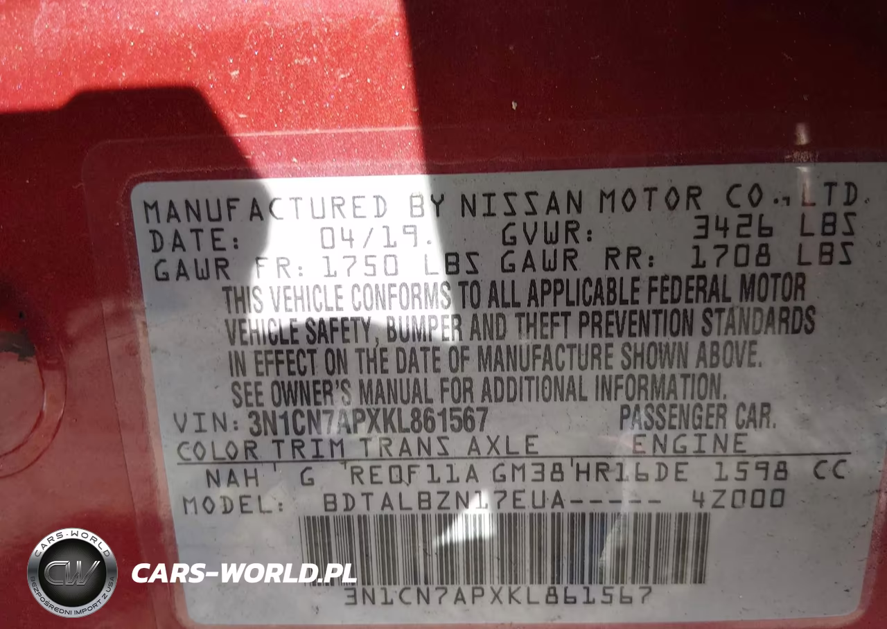 2019 Nissan Versa 1.6 Sv VIN:3N1CN7APXKL861567 - 9