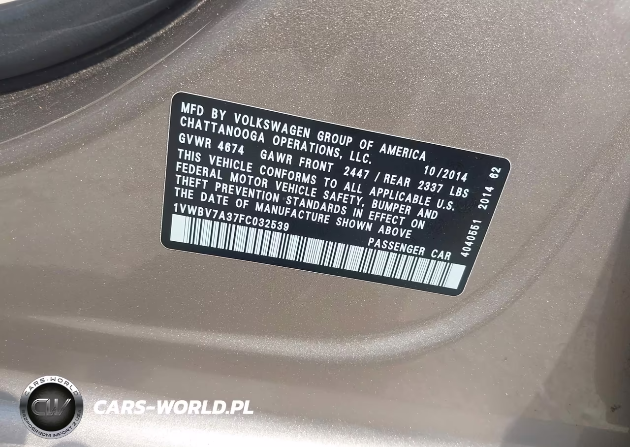 2015 Volkswagen Passat 2.0L Tdi Se VIN:1VWBV7A37FC032539 - 9