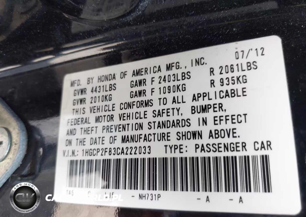 2012 Honda Accord 2.4 Ex-L VIN:1HGCP2F83CA222033 - 9