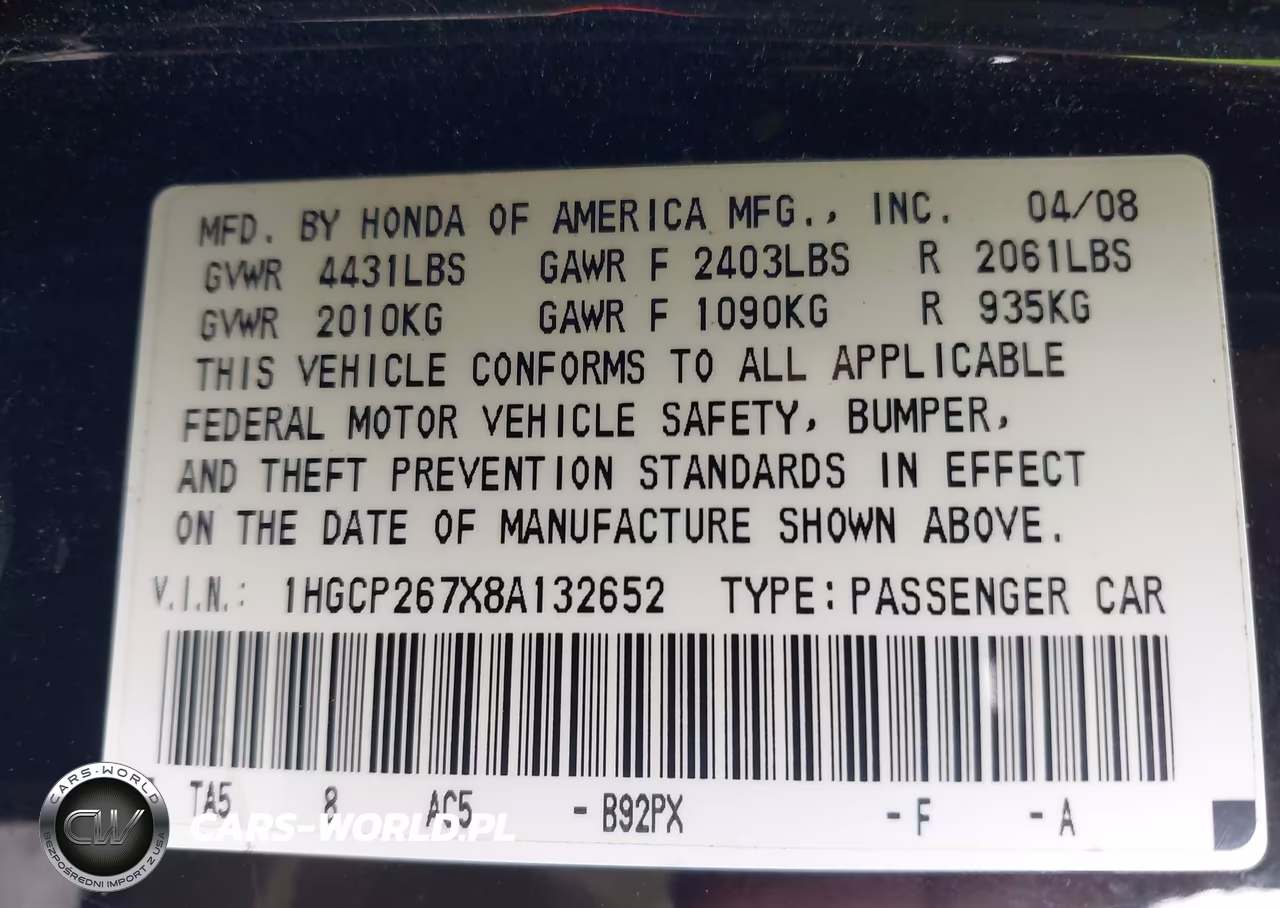 2008 Honda Accord 2.4 Ex VIN:1HGCP267X8A132652 - 9