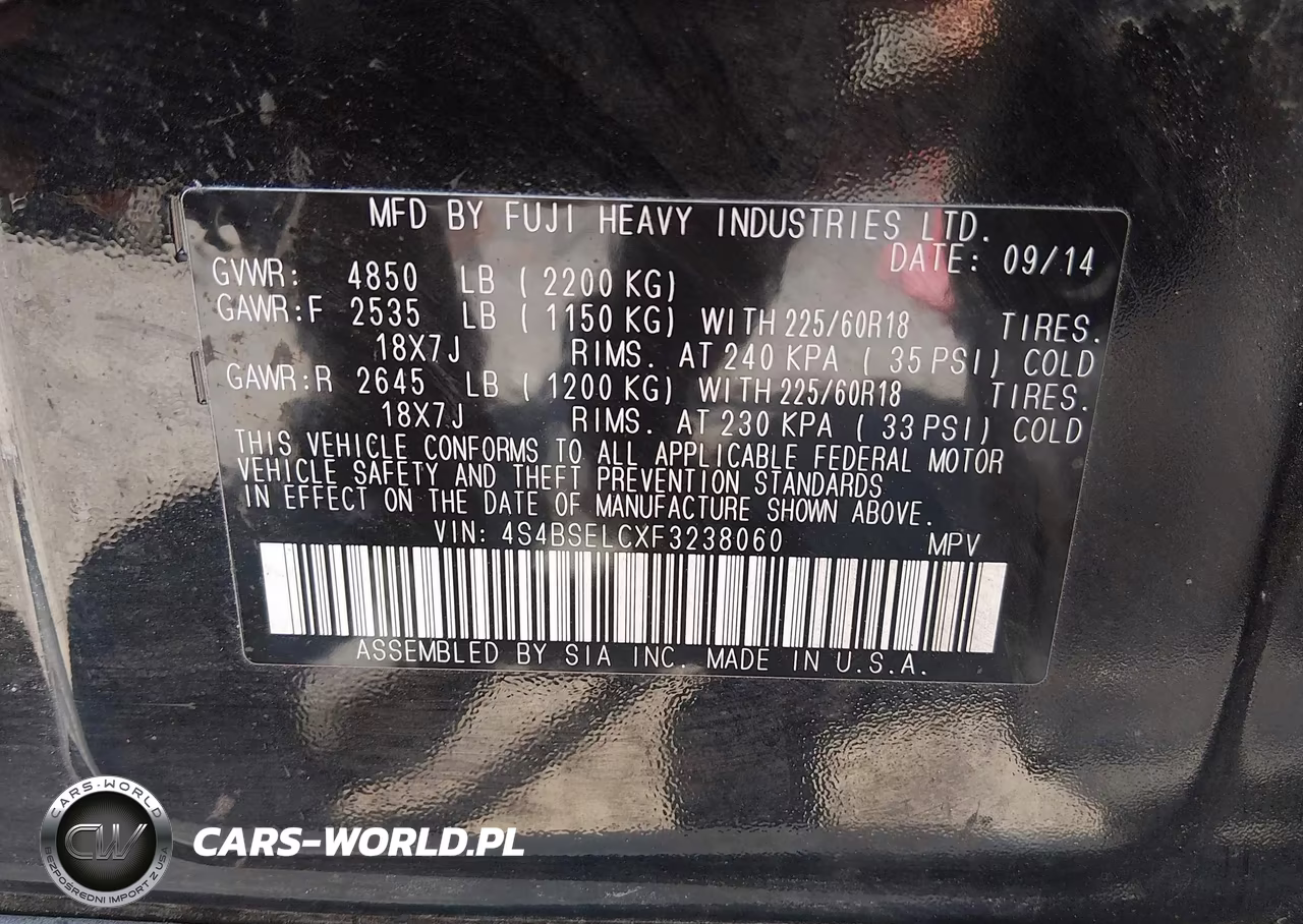2015 Subaru Outback 3.6R Limited VIN:4S4BSELCXF3238060 - 9