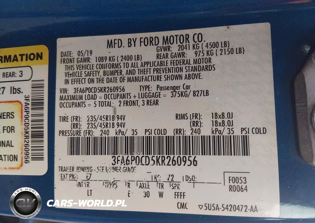 2019 Ford Fusion Sel VIN:3FA6P0CD5KR260956 - 9
