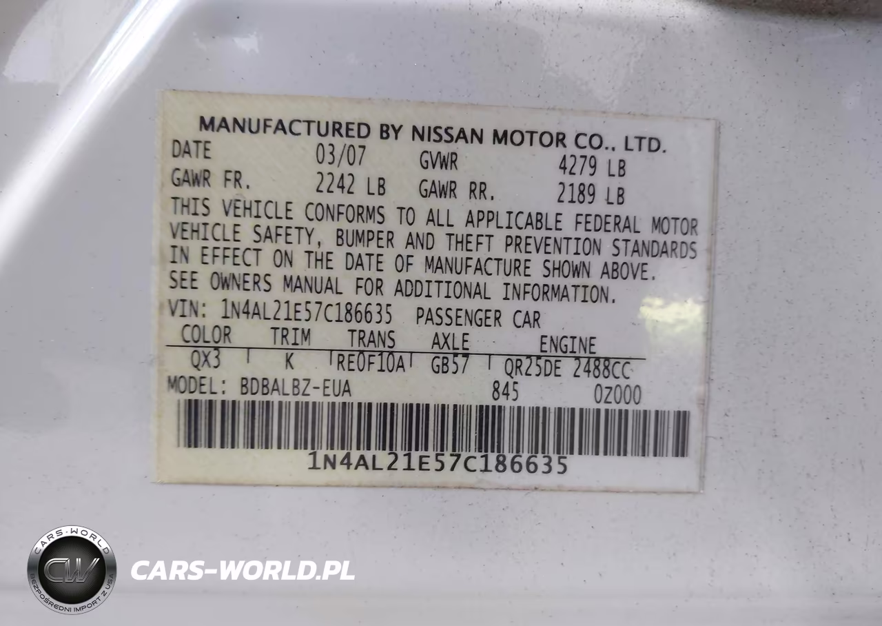2007 Nissan Altima 2.5 S VIN:1N4AL21E57C186635 - 9