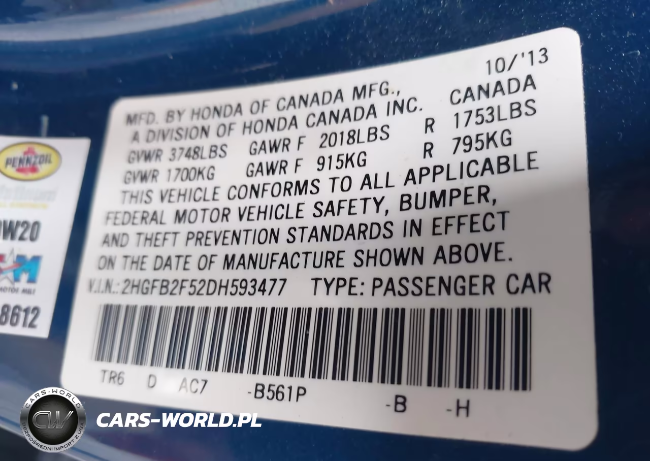2013 Honda Civic Lx VIN:2HGFB2F52DH593477 - 9