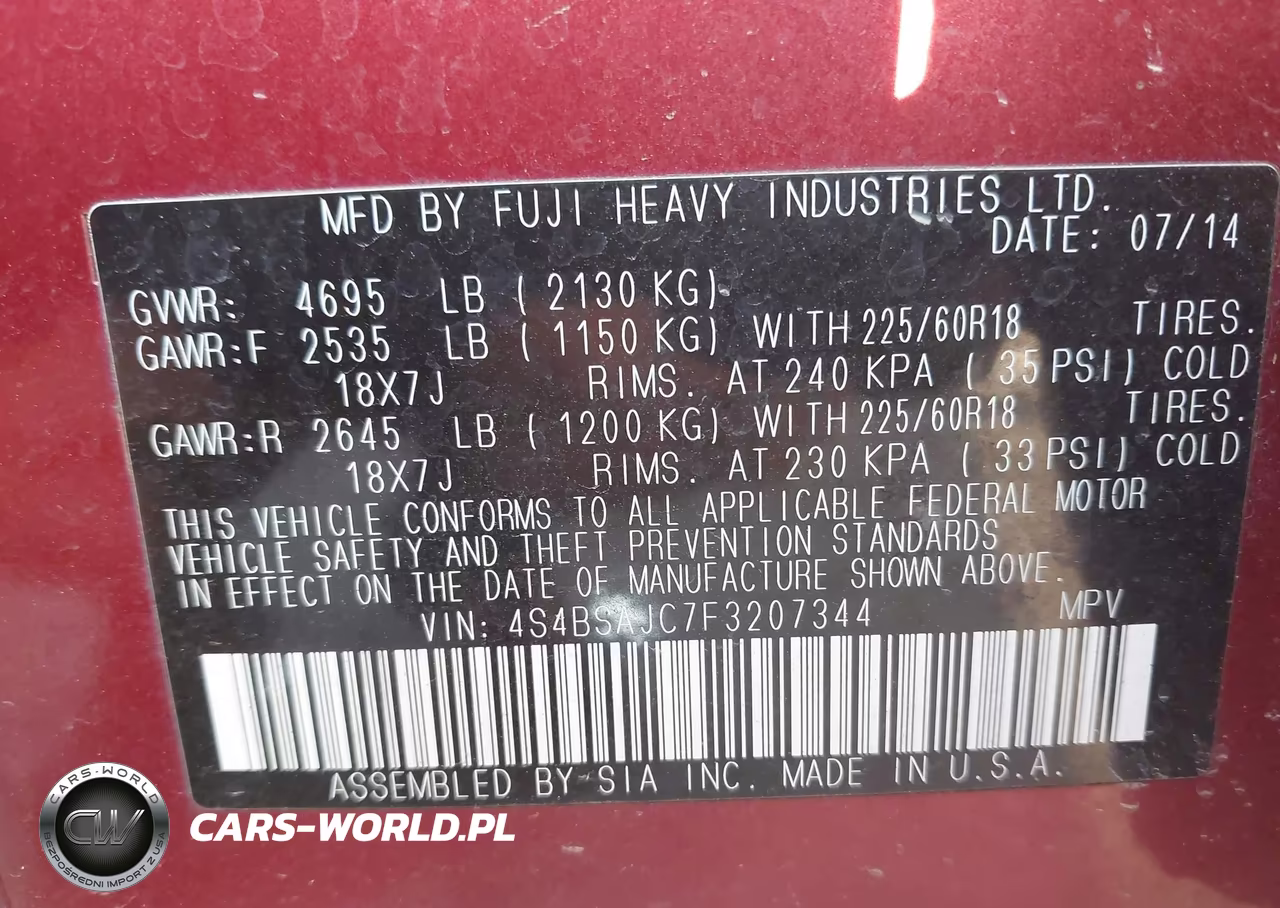 2015 Subaru Outback 2.5I Limited VIN:4S4BSAJC7F3207344 - 9