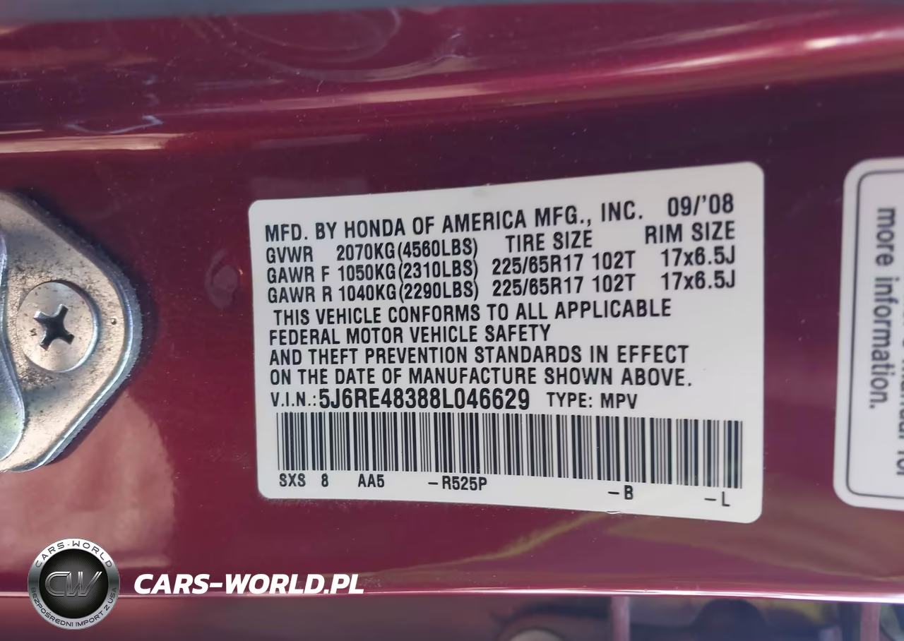 2008 Honda Cr-V Lx VIN:5J6RE48388L046629 - 9
