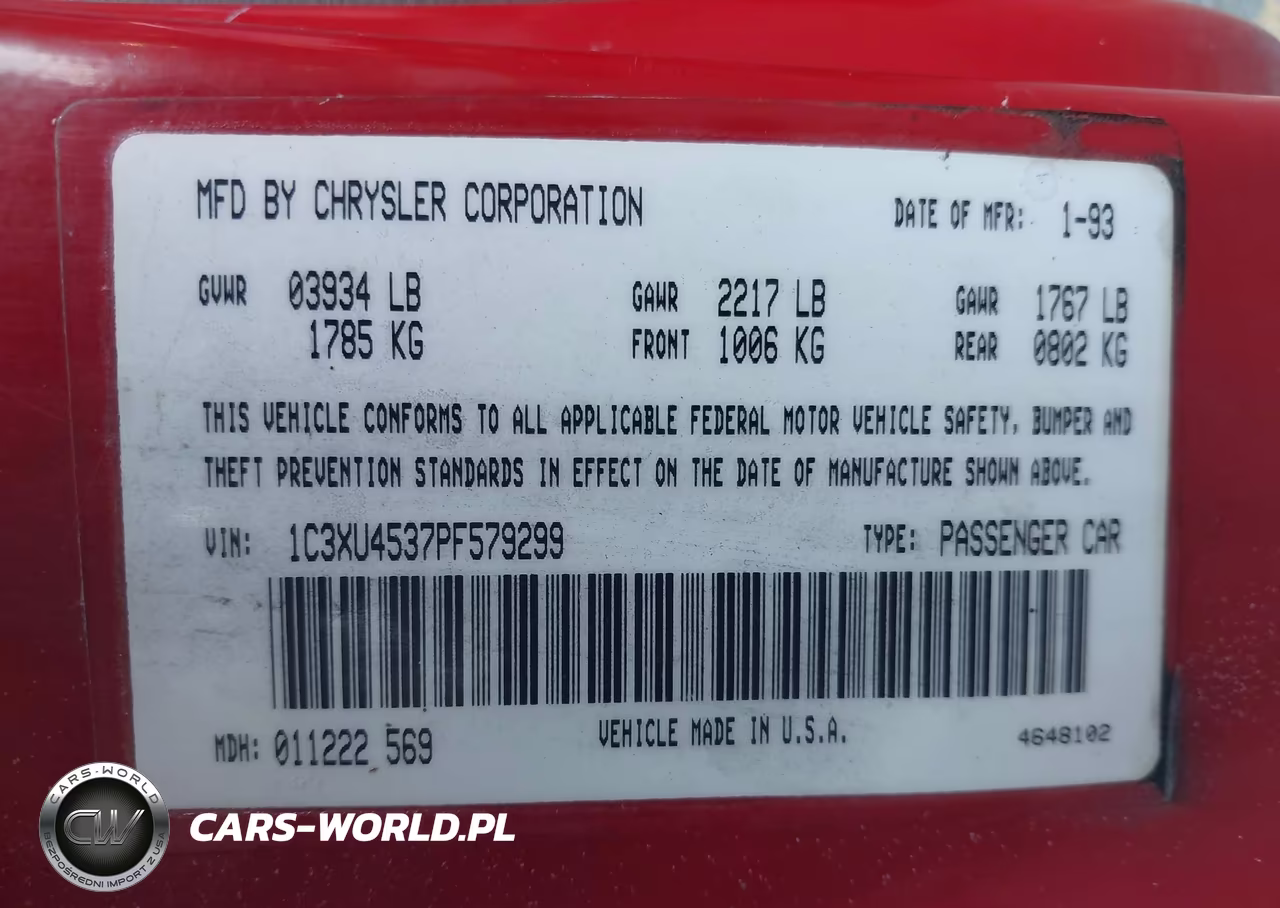 1993 Chrysler Lebaron VIN:1C3XU4537PF579299 - 9