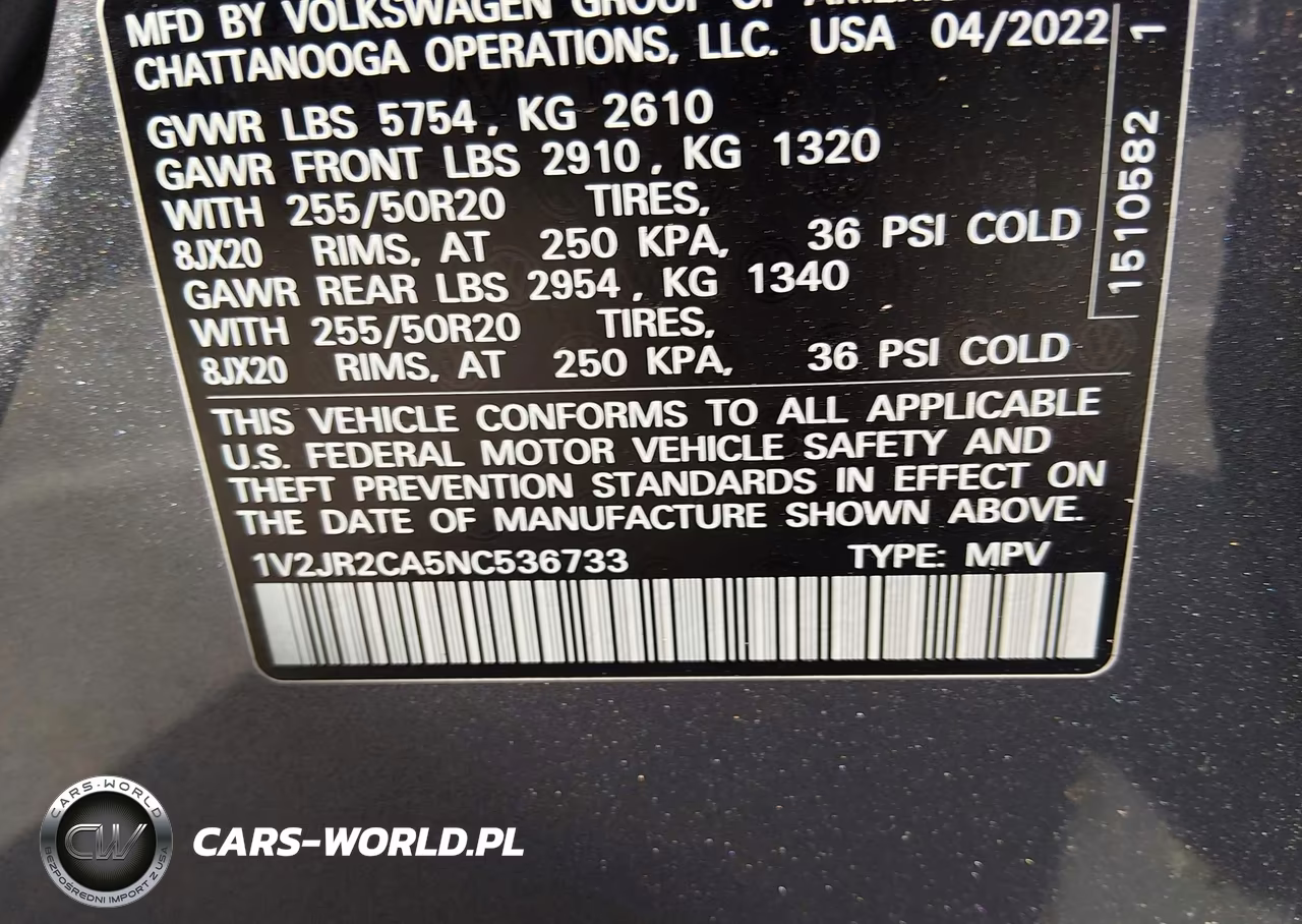 2022 Volkswagen Atlas 3.6L V6 Se W-Technology VIN:1V2JR2CA5NC536733 - 9