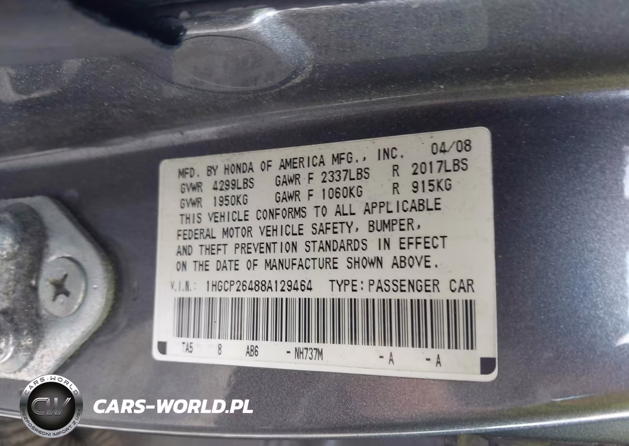 2008 Honda Accord 2.4 Lx-P VIN:1HGCP26488A129464 - 9