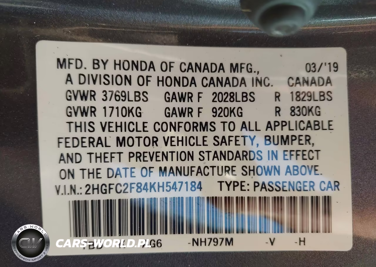 2019 Honda Civic Sport VIN:2HGFC2F84KH547184 - 9