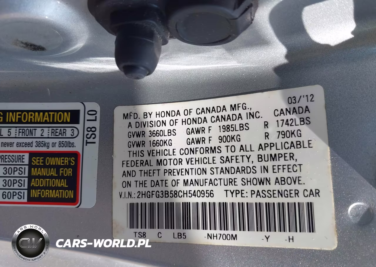 2012 Honda Civic Lx VIN:2HGFG3B58CH540956 - 9