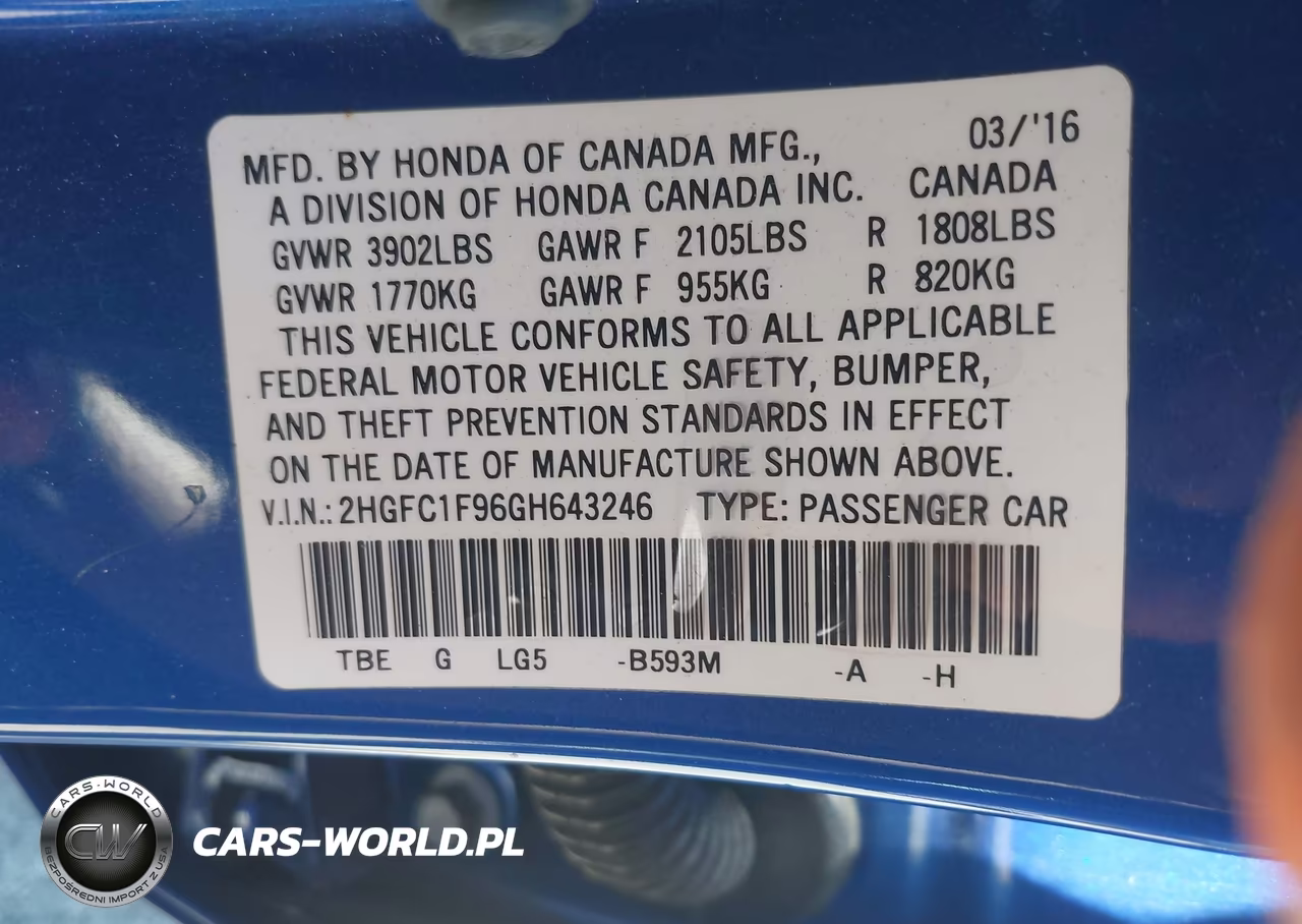 2016 Honda Civic Touring VIN:2HGFC1F96GH643246 - 9