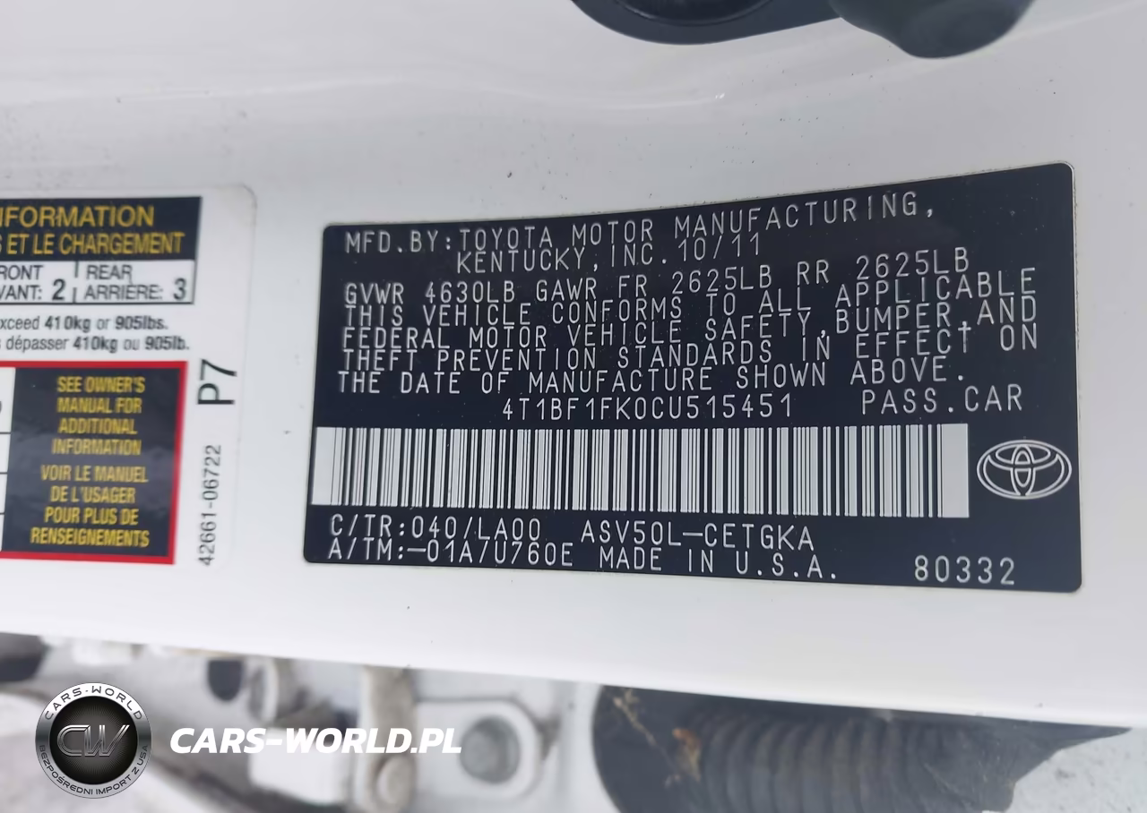 2012 Toyota Camry Xle VIN:4T1BF1FK0CU515451 - 9