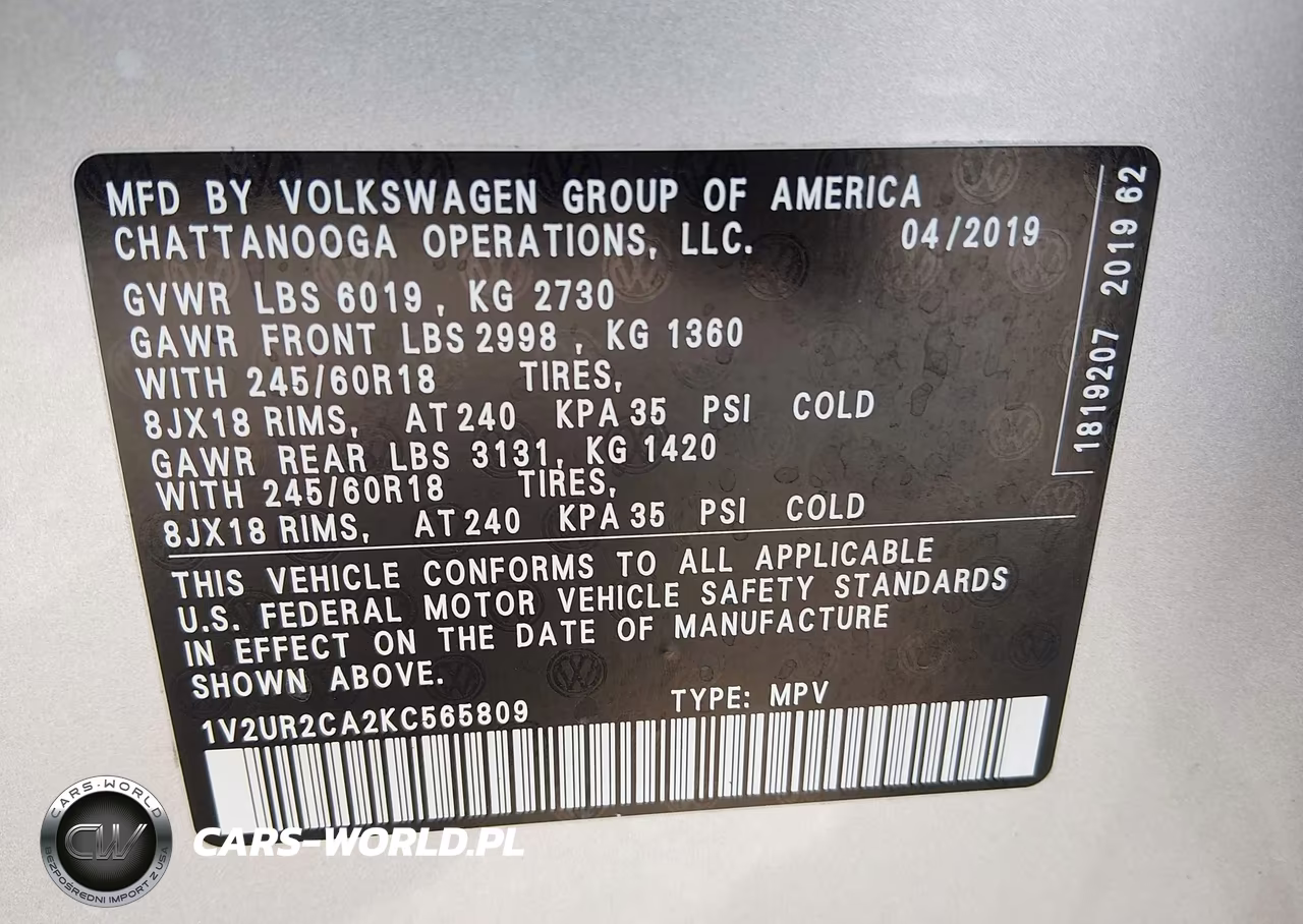 2019 Volkswagen Atlas 3.6L V6 Se W-Technology VIN:1V2UR2CA2KC565809 - 9