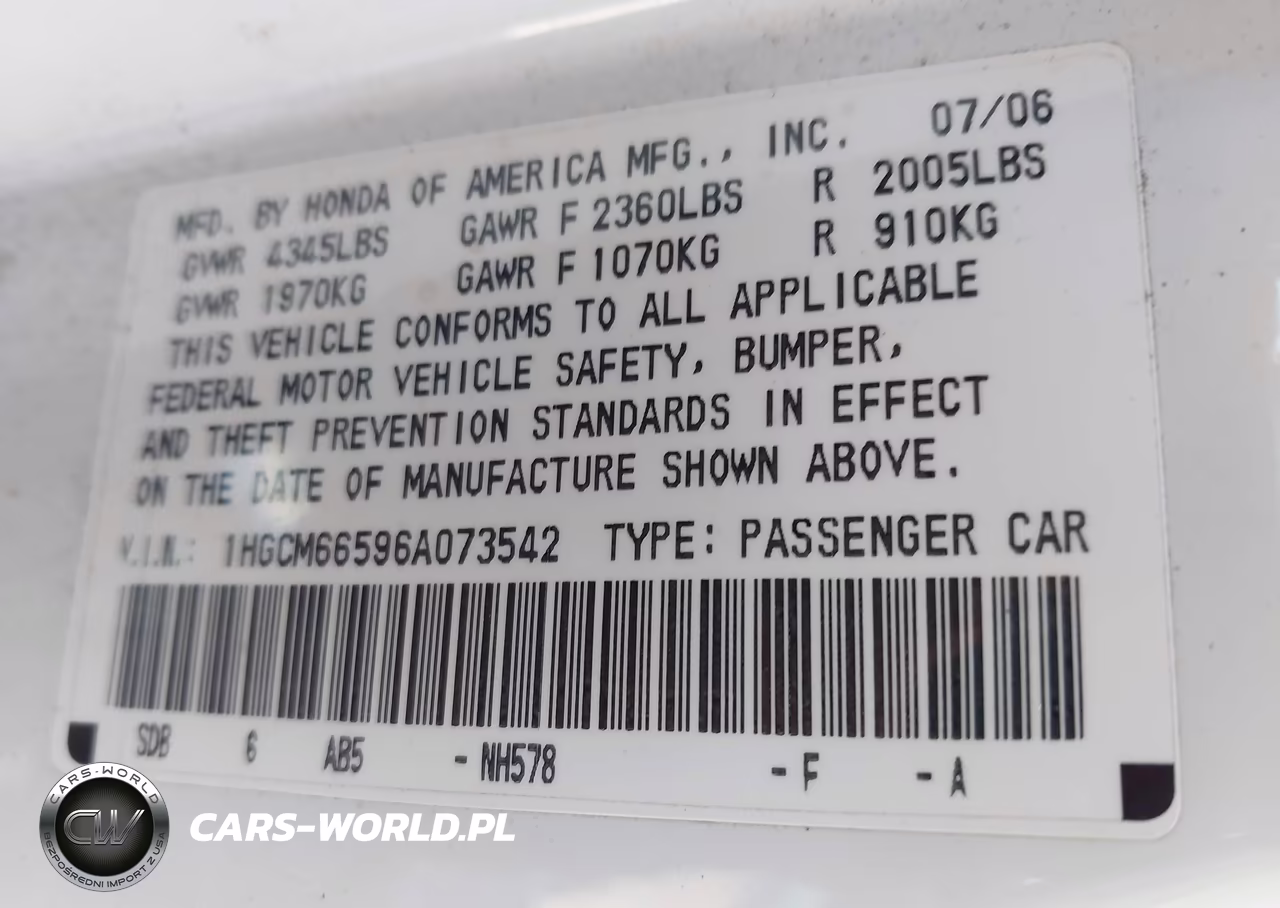 2006 Honda Accord 3.0 Ex VIN:1HGCM66596A073542 - 9