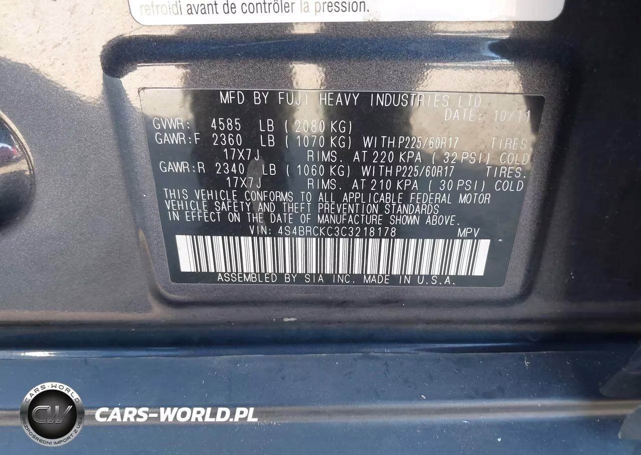 2012 Subaru Outback 2.5I Limited VIN:4S4BRCKC3C3218178 - 9