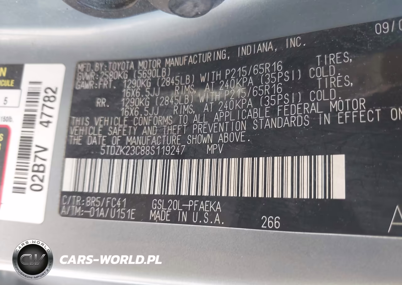 2008 Toyota Sienna Le VIN:5TDZK23C88S119247 - 9