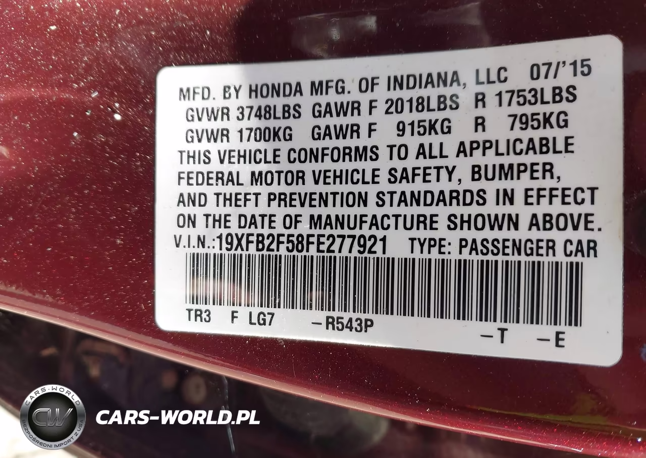 2015 Honda Civic Lx VIN:19XFB2F58FE277921 - 9