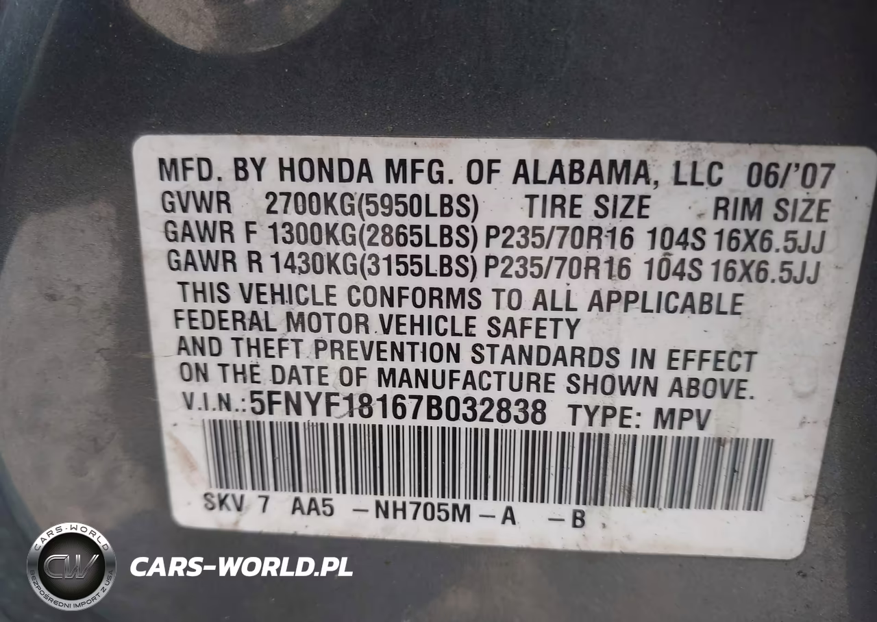 2007 Honda Pilot Lx VIN:5FNYF18167B032838 - 9