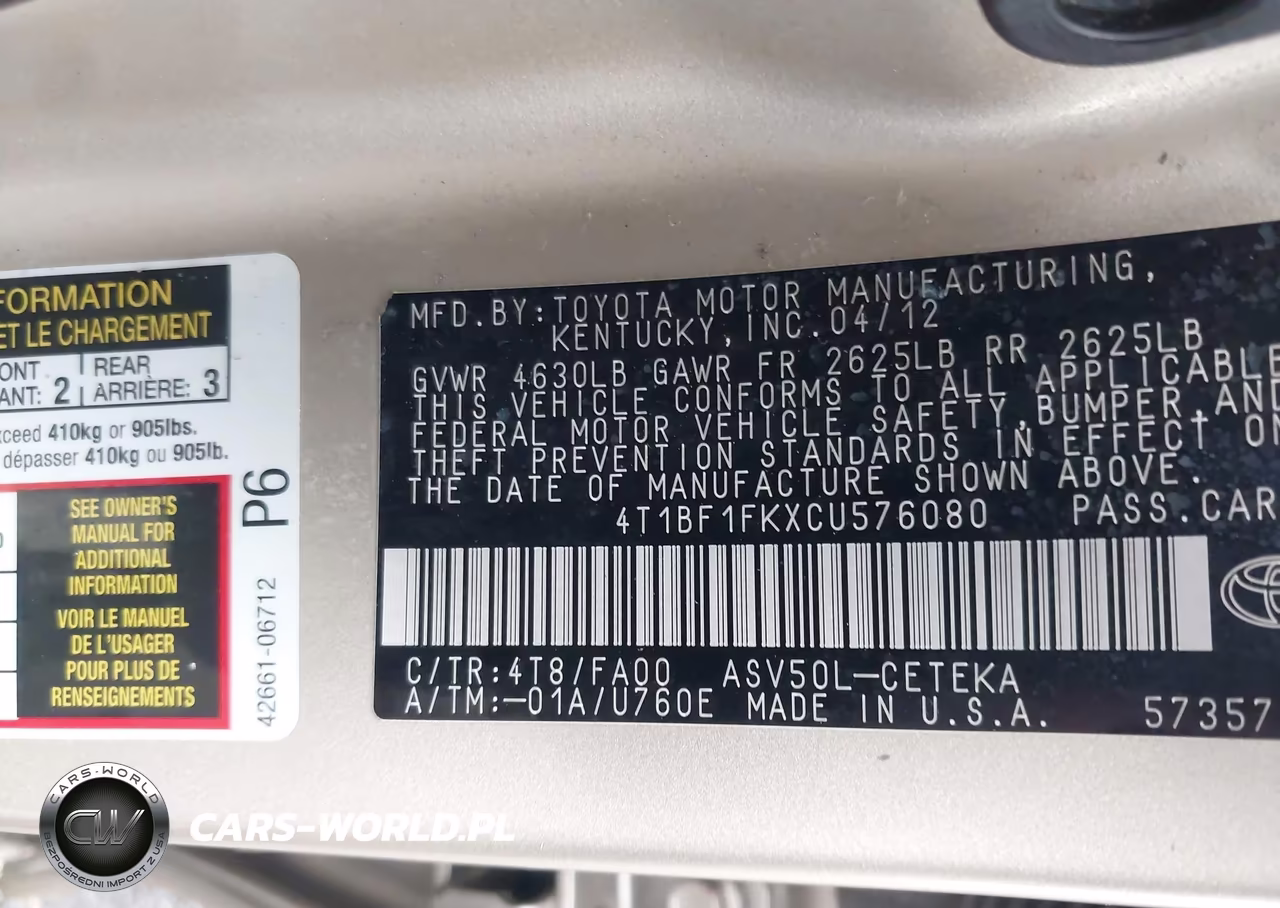 2012 Toyota Camry Base VIN:4T1BF1FKXCU576080 - 9