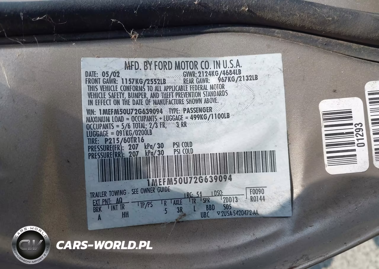 2002 Mercury Sable Gs VIN:1MEFM50U72G639094 - 9