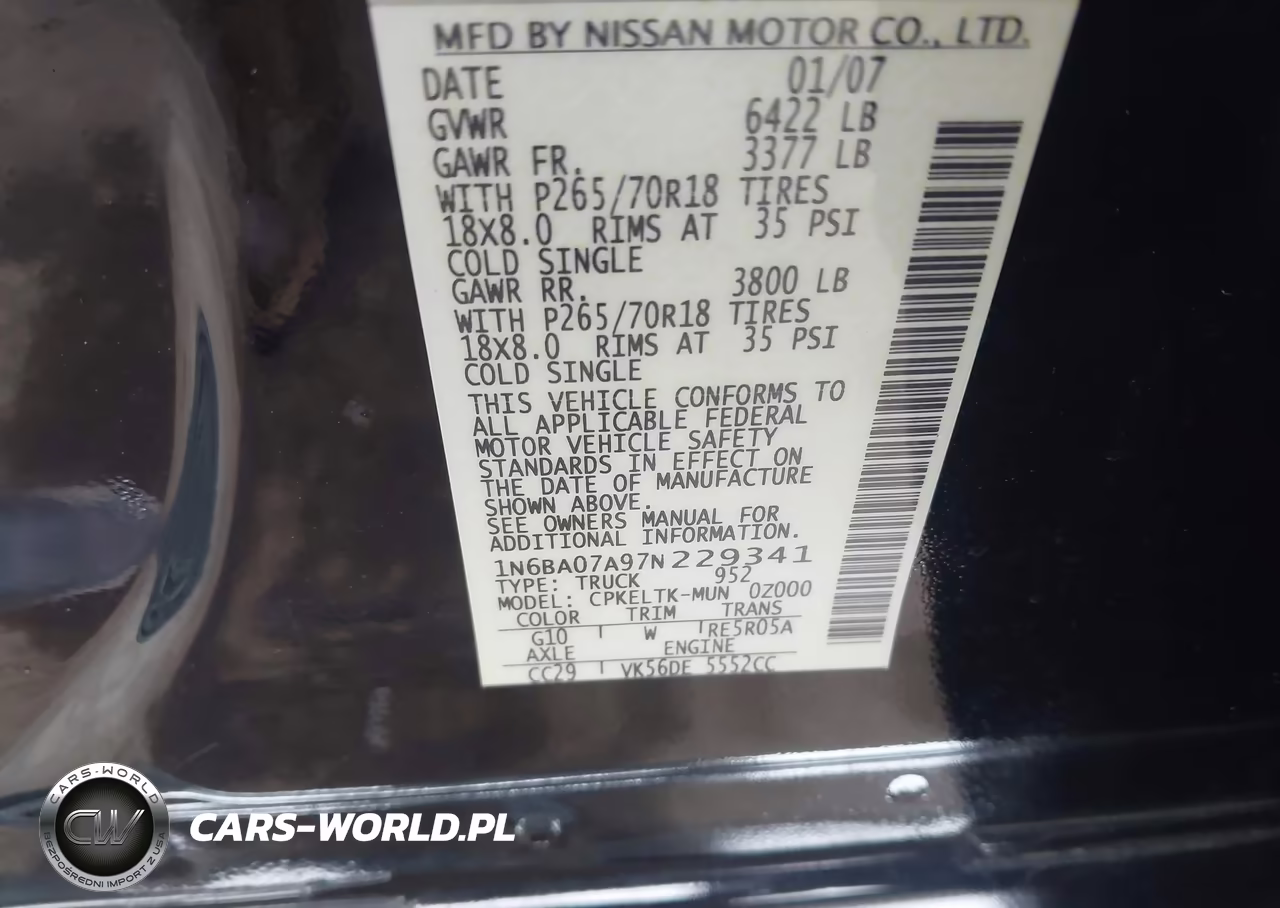 2007 Nissan Titan Se VIN:1N6BA07A97N229341 - 9