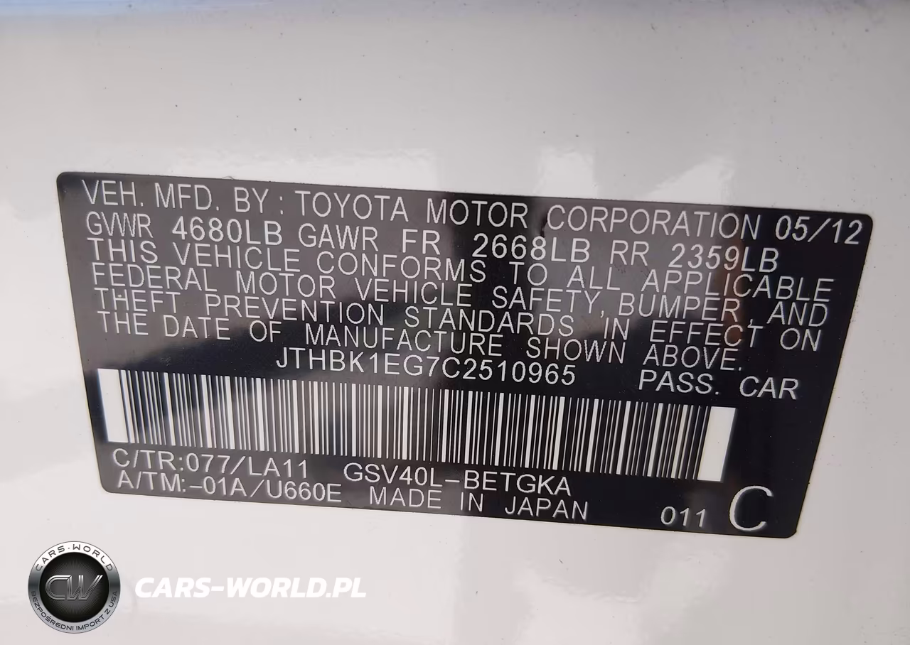 2012 Lexus Es 350 VIN:JTHBK1EG7C2510965 - 9