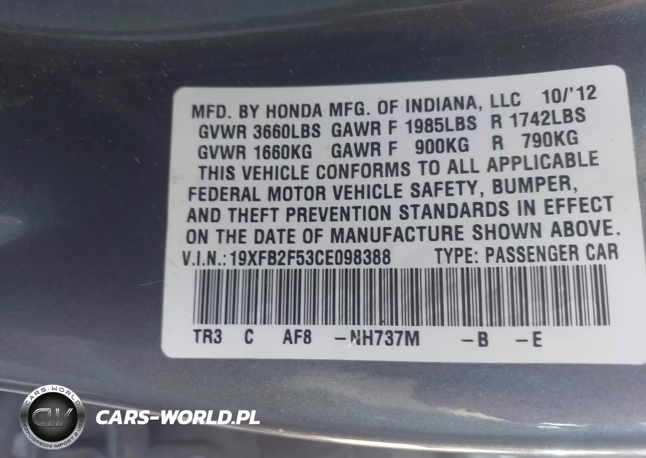 2012 Honda Civic Lx VIN:19XFB2F53CE098388 - 9