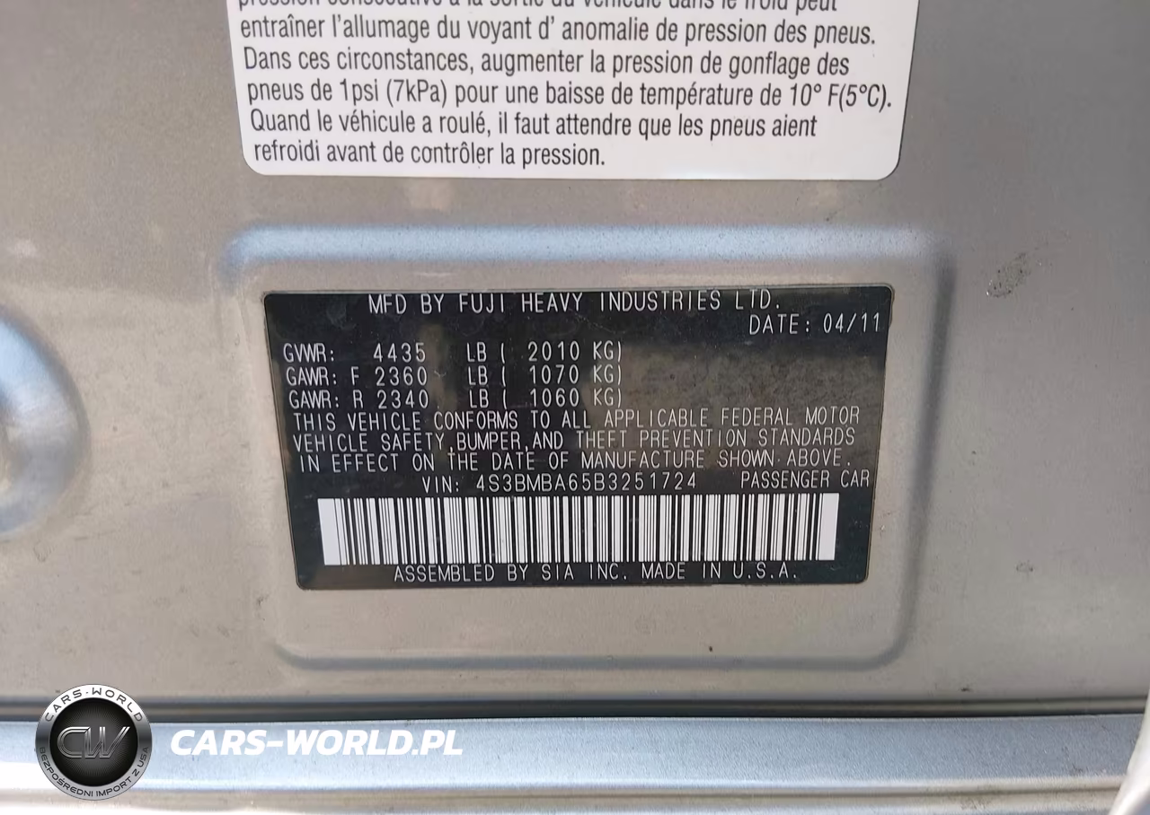 2011 Subaru Legacy 2.5I VIN:4S3BMBA65B3251724 - 9