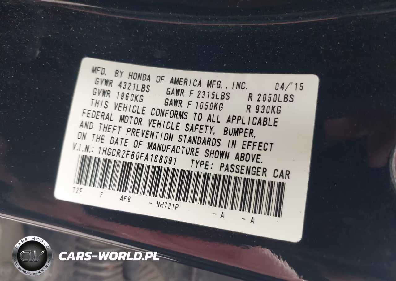 2015 Honda Accord Ex-L VIN:1HGCR2F80FA168091 - 9