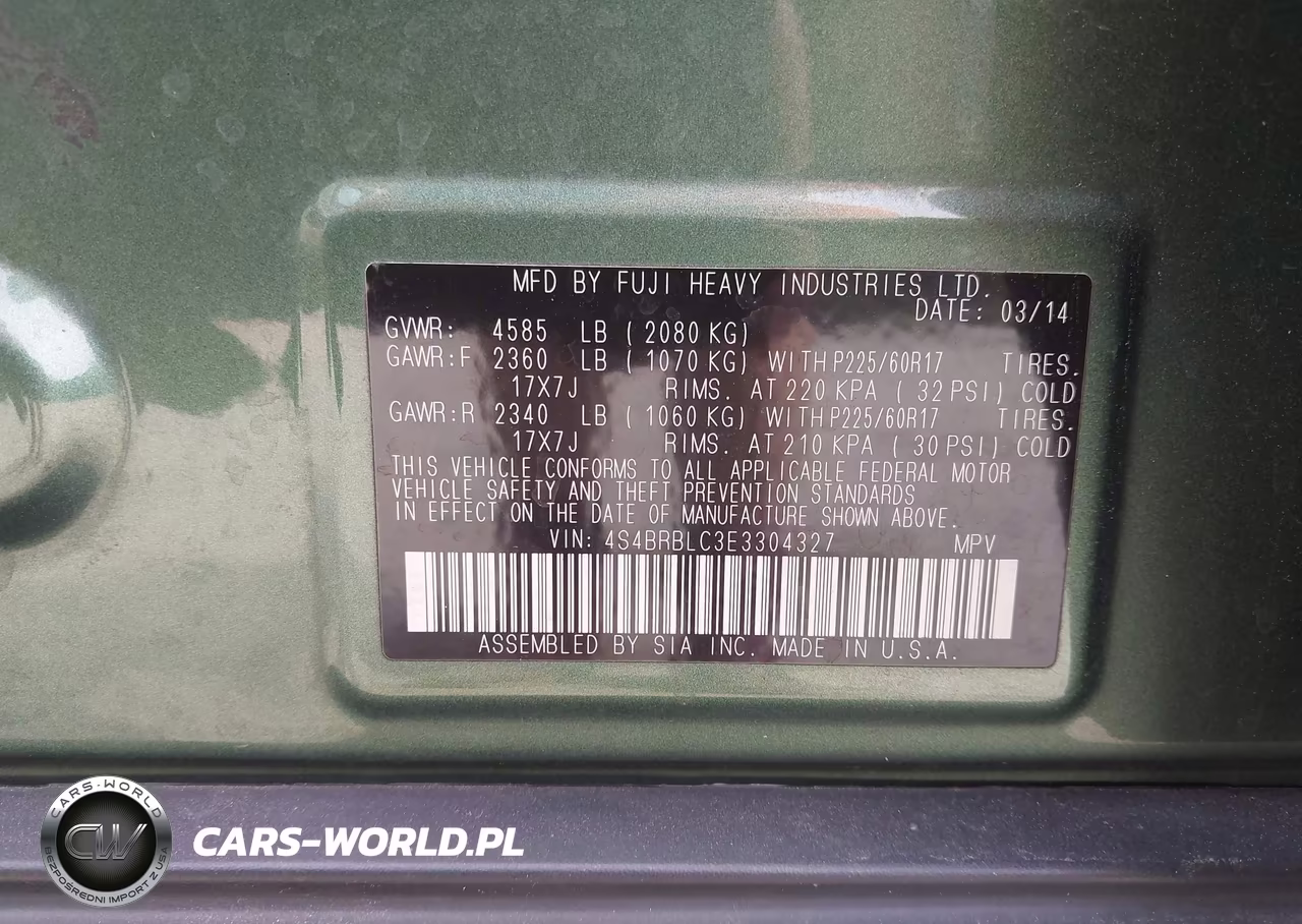 2014 Subaru Outback 2.5I Limited VIN:4S4BRBLC3E3304327 - 9