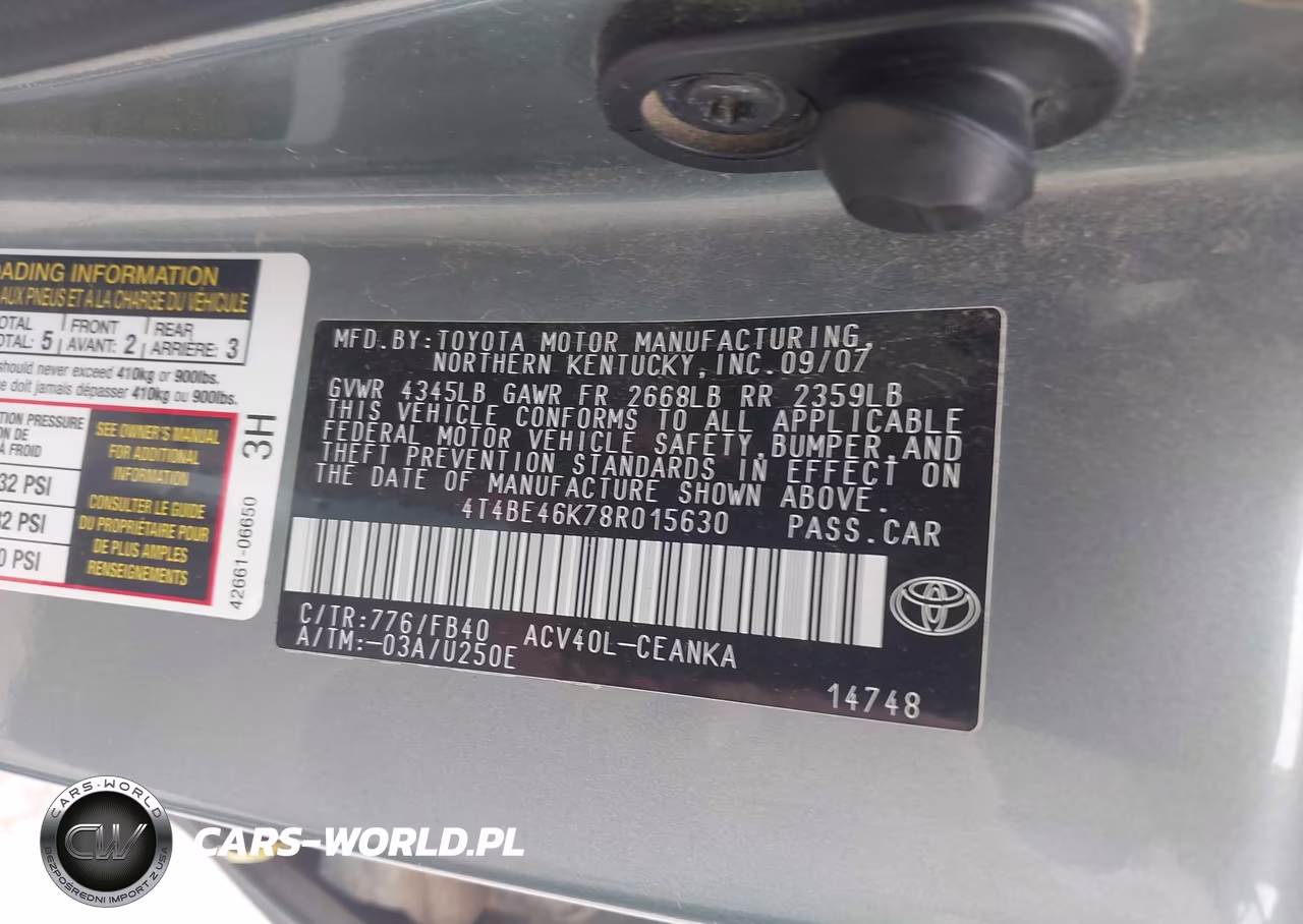 2008 Toyota Camry Le VIN:4T4BE46K78R015630 - 9