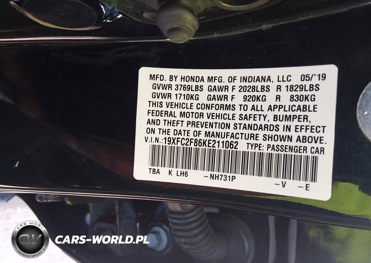 2019 Honda Civic Sport VIN:19XFC2F86KE211062 - 9