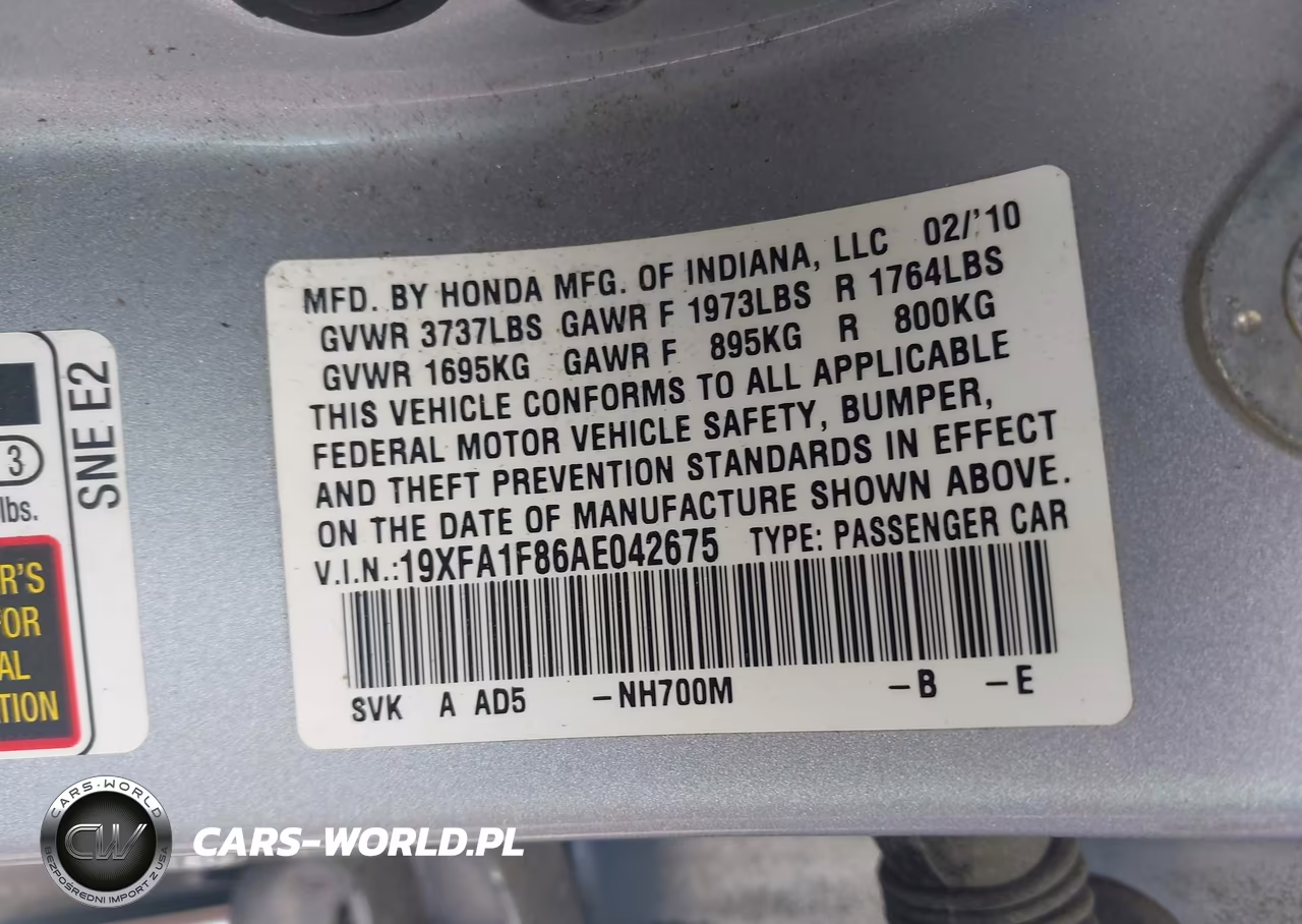 2010 Honda Civic Ex VIN:19XFA1F86AE042675 - 9
