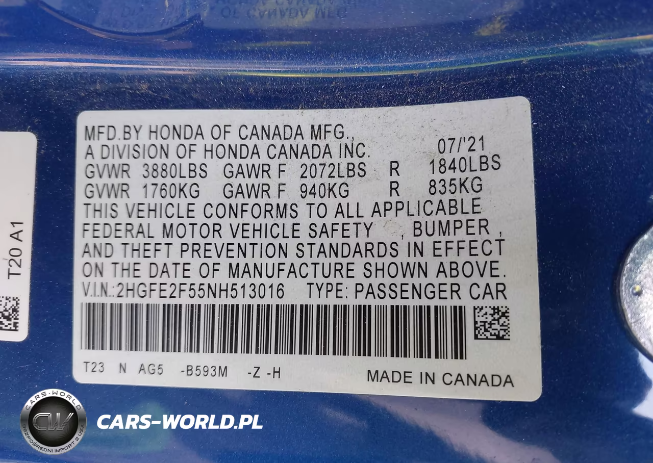2022 Honda Civic Sport VIN:2HGFE2F55NH513016 - 9