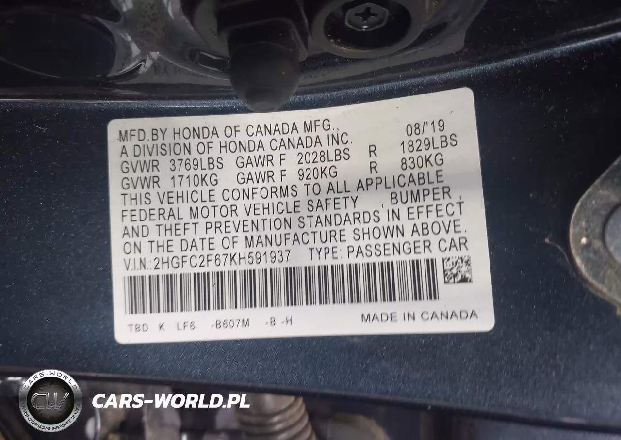 2019 Honda Civic Lx VIN:2HGFC2F67KH591937 - 9