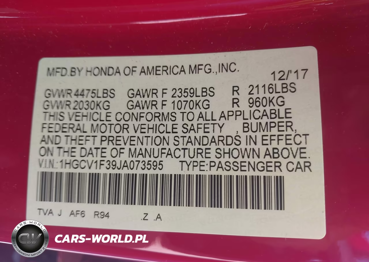 2018 Honda Accord Sport VIN:1HGCV1F39JA073595 - 9