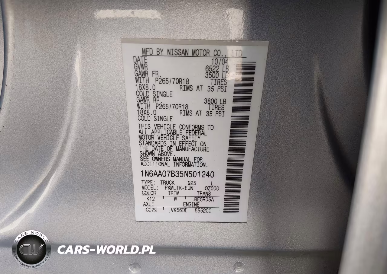 2005 Nissan Titan Se VIN:1N6AA07B35N501240 - 9