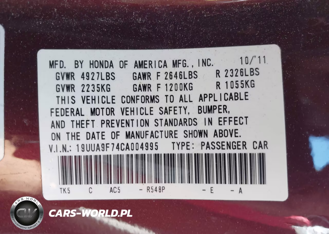 2012 Acura Tl 3.7 VIN:19UUA9F74CA004995 - 9
