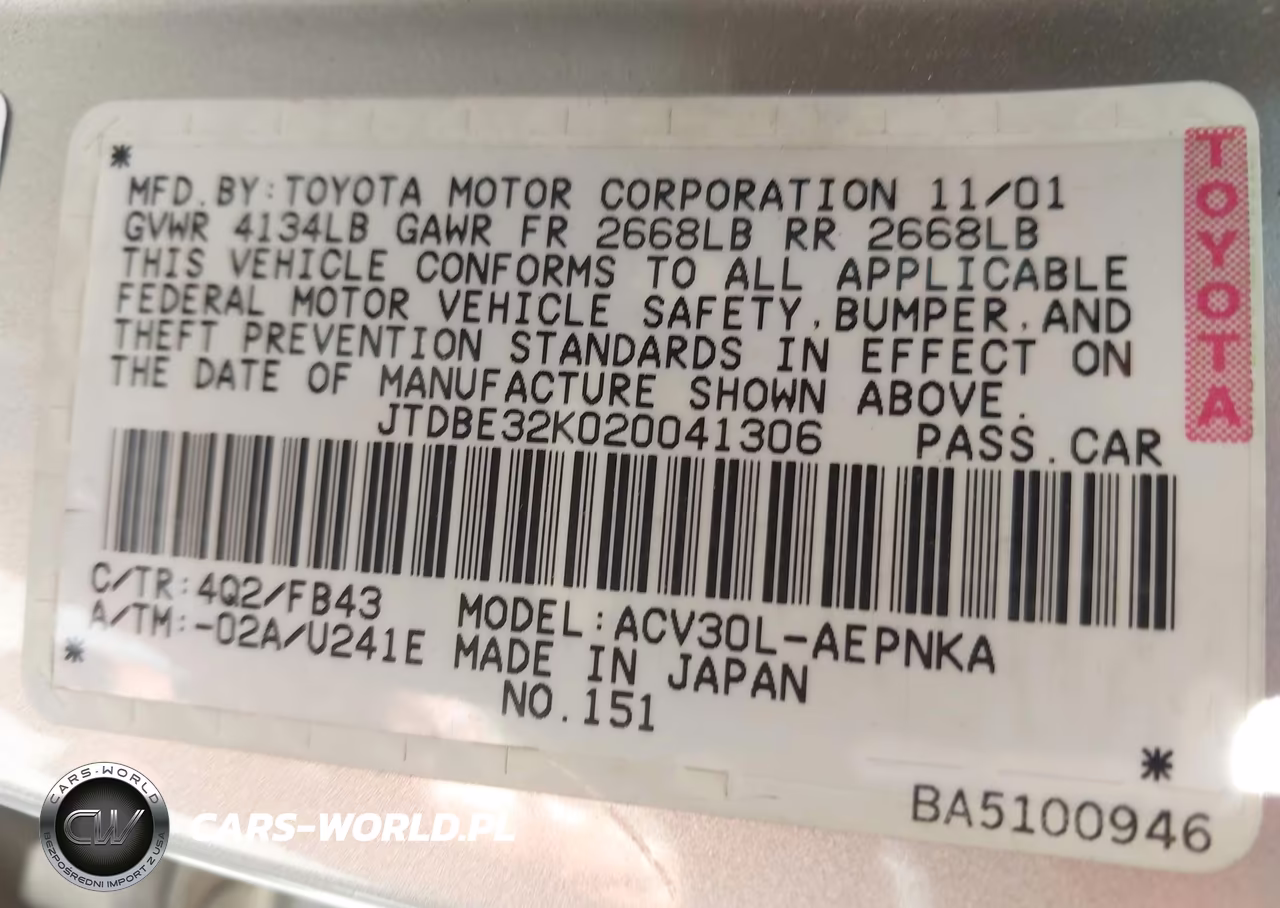2002 Toyota Camry Le VIN:JTDBE32K020041306 - 9