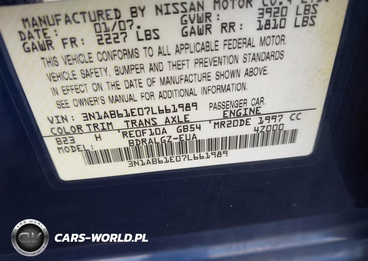 2007 Nissan Sentra 2.0Sl VIN:3N1AB61E07L661989 - 9